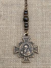 Bronze Rearview Mirror Saint Benedict Cross Medal, Antique Replica, Adjustable Length Chain, Bronzite Gemstones, Dangling Mirror Accessory