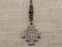 Bronze Rearview Mirror Saint Benedict Cross Medal, Antique Replica, Adjustable Length Chain, Bronzite Gemstones, Dangling Mirror Accessory