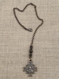 Bronze Rearview Mirror Saint Benedict Cross Medal, Antique Replica, Adjustable Length Chain, Bronzite Gemstones, Dangling Mirror Accessory