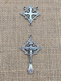 Antique Replica Rosary Center and Crucifix Set in Oxidized Sterling Silver Radiant Design DIY Do it yourself Catholic Parts Reproductions