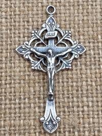 Antique Replica Rosary Center and Crucifix Set in Oxidized Sterling Silver Radiant Design DIY Do it yourself Catholic Parts Reproductions