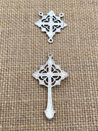 Antique Replica Rosary Center and Crucifix Set in Oxidized Sterling Silver Radiant Design DIY Do it yourself Catholic Parts Reproductions