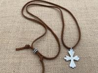 Oxidized Sterling Silver Coptic Cross Pendant on Brown Suede Lace Necklace, Adjustable Length, Slider Bead, Ethiopian Antique Replica Cross