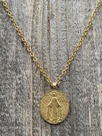 Gold French Miraculous Medal Pendant, Antique Replica, Long 28" Necklace, France Our Lady of the Miracle, Our Lady of Lourdes Fatima MM1