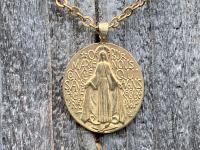 Gold French Miraculous Medal Pendant, Antique Replica, Long 28" Necklace, France Our Lady of the Miracle, Our Lady of Lourdes Fatima MM1