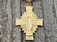 Gold Radiant Mary Cross Medal (Antique Replica) Pendant Necklace, Our Lady of Lourdes, Blessed Virgin Mary, Our Lady of Guadalupe, Holy Mary