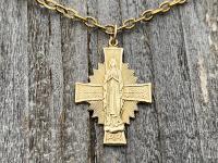 Gold Radiant Mary Cross Medal (Antique Replica) Pendant Necklace, Our Lady of Lourdes, Blessed Virgin Mary, Our Lady of Guadalupe, Holy Mary