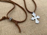 Oxidized Sterling Silver Coptic Cross Pendant on Brown Suede Lace Necklace, Adjustable Length, Slider Bead, Ethiopian Antique Replica Cross