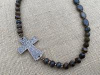 Bronze Sideways Cross Long Necklace, Bronzite Gemstone Necklace, Antique Replica Cross, Faceted Star Cut Beads, Artisan Christian Necklace