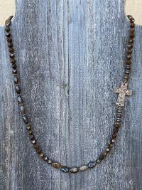 Bronze Sideways Cross Long Necklace, Bronzite Gemstone Necklace, Antique Replica Cross, Faceted Star Cut Beads, Artisan Christian Necklace