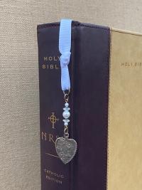 First Holy Communion Bookmark Gift, Heart with Eucharist Symbols, Bible Bookmark, 1st Communion, Swarovski Pearls and Crystals, White Ribbon