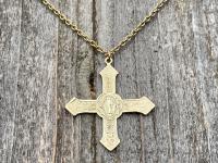 Antique Gold Rare French Saint Benedict Cross Medal Pendant Necklace, Antique Replica, Benedictine, From France, St Benedicti, 19th Century