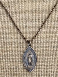 Bronze Immaculate Conception & Sacred Heart of Jesus French Antique Replica Medal Necklace Our Lady of Lourdes, Signed Penin Lyon France
