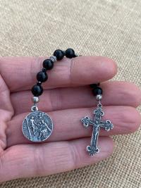 Chaplet of St Peregrine, Sterling Silver Medal & Crucifix, Black Obsidian Gemstone Beads, Antique Replicas, Patron Saint of Cancer Patients