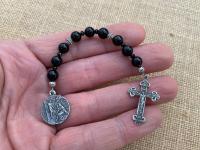 Chaplet of St Peregrine, Sterling Silver Medal & Crucifix, Black Obsidian Gemstone Beads, Antique Replicas, Patron Saint of Cancer Patients