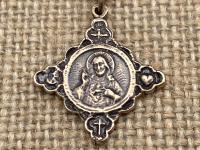 Bronze Sacred Heart of Jesus, with Holy Spirit, Faith, Hope & Love Symbols, Antique Replica, Cross Pendant Necklace, Dove Cross Anchor Heart