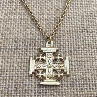 Gold Jerusalem Cross Pendant Necklace, Antique Replica Medal, Crusader's Cross, Five Wounds of Christ, Cross-and-Crosslets, Heraldic Cross