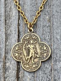 Antique Gold St. Raphael the Archangel (Angel of Healing) Antique Replica Medal Medallion Necklace Prayer Gold Bronze Patron Saint Sick Ill