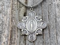 Sterling Silver Rare Marian Devotions Medal, Pendant, Necklace, Antique Replica, Miraculous Medal, Immaculate Heart, Our Lady of Lourdes