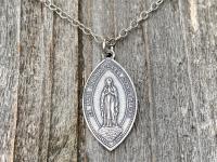 Sterling Silver French Immaculate Conception & Sacred Heart of Jesus Antique Replica Medal Necklace, Our Lady of Lourdes France, Holy Mother