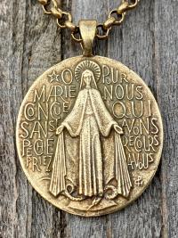 French Miraculous Medal in Antique Gold, Oxidized Gold Bronze, Antique Replica, Rolo Necklace, Our Lady of the Miracle, Blessed Mother MM1