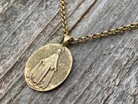 French Miraculous Medal in Antique Gold, Oxidized Gold Bronze, Antique Replica, Rolo Necklace, Our Lady of the Miracle, Blessed Mother MM1