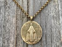 French Miraculous Medal in Antique Gold, Oxidized Gold Bronze, Antique Replica, Rolo Necklace, Our Lady of the Miracle, Blessed Mother MM1