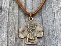 Bronze St Christopher Shamrock Medal Pendant with an Adjustable Slider Bead on Brown Suede Lace Necklace, Antique Replica, Saint, Catholic