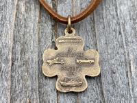 Bronze St Christopher Shamrock Medal Pendant with an Adjustable Slider Bead on Brown Suede Lace Necklace, Antique Replica, Saint, Catholic