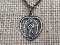 Bronze Our Lady of Guadalupe Medal Pendant Necklace, Antique Replica from Mexico, Heart Pendant, Blessed Virgin Mary, Virgin of Guadalupe