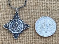 Sterling Silver Sacred Heart of Jesus Medal Cross Pendant, Faith Hope & Love Symbols, Antique Replica, .925 Sterling Silver Wheat Necklace