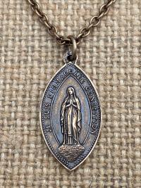 Bronze Immaculate Conception & Sacred Heart of Jesus French Antique Replica Medal Necklace Our Lady of Lourdes, Signed Penin Lyon France