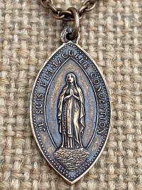 Bronze Immaculate Conception & Sacred Heart of Jesus French Antique Replica Medal Necklace Our Lady of Lourdes, Signed Penin Lyon France