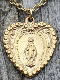 Shiny Gold Heart Shaped Miraculous Medal Pendant Necklace, Antique Replica, Our Lady of Lourdes, Immaculate Conception, Marian Catholic Gift