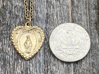 Shiny Gold Heart Shaped Miraculous Medal Pendant Necklace, Antique Replica, Our Lady of Lourdes, Immaculate Conception, Marian Catholic Gift