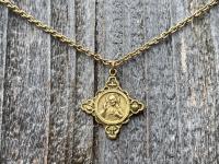 Antique Gold Sacred Heart of Jesus Pendant, Faith Hope & Love Symbols, Antique Replica, Medal Necklace, Holy Spirit Dove, Cross Anchor Heart