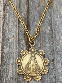 Antique Gold Our Lady of the Rosary Antique Replica Medal Pendant Necklace, Lourdes Virgin Mary, Blessed Mother, Our Lady of the Cape Shrine