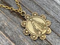 Antique Gold Our Lady of the Rosary Antique Replica Medal Pendant Necklace, Lourdes Virgin Mary, Blessed Mother, Our Lady of the Cape Shrine