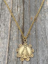 Antique Gold Our Lady of the Rosary Antique Replica Medal Pendant Necklace, Lourdes Virgin Mary, Blessed Mother, Our Lady of the Cape Shrine