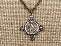 Bronze Sacred Heart of Jesus, with Holy Spirit, Faith, Hope & Love Symbols, Antique Replica, Cross Pendant Necklace, Dove Cross Anchor Heart