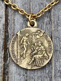 Antique Gold St. Peregrine Laziosi Medal and Necklace - Patron Saint of Cancer - Saint Peregrinus Pellegrino on an Antique Gold Cable Chain