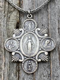 Sterling Silver Rare Marian Devotions Medal, Pendant, Necklace, Antique Replica, Miraculous Medal, Immaculate Heart, Our Lady of Lourdes