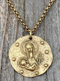 Antique Gold Large Mother Mary and Baby Jesus Fleur de Lis Pendant, French Antique Replica Medal, Rolo Chain Necklace, Artist Elie Pellegrin