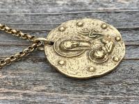 Antique Gold Large Mother Mary and Baby Jesus Fleur de Lis Pendant, French Antique Replica Medal, Rolo Chain Necklace, Artist Elie Pellegrin