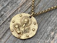Antique Gold Large Mother Mary and Baby Jesus Fleur de Lis Pendant, French Antique Replica Medal, Rolo Chain Necklace, Artist Elie Pellegrin