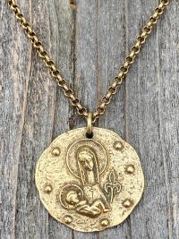 Antique Gold Large Mother Mary and Baby Jesus Fleur de Lis Pendant, French Antique Replica Medal, Rolo Chain Necklace, Artist Elie Pellegrin