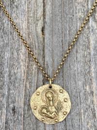 Antique Gold Large Mother Mary and Baby Jesus Fleur de Lis Pendant, French Antique Replica Medal, Rolo Chain Necklace, Artist Elie Pellegrin