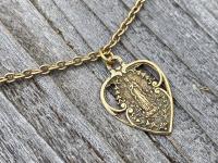 Antique Gold Our Lady of Lourdes Heart Medal, Antique Replica Necklace Immaculate Conception Mary Marian Blessed Mother Virgin Grace Pendant