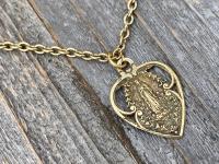 Antique Gold Our Lady of Lourdes Heart Medal, Antique Replica Necklace Immaculate Conception Mary Marian Blessed Mother Virgin Grace Pendant