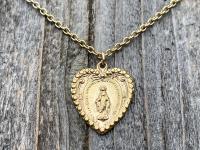 Shiny Gold Heart Shaped Miraculous Medal Pendant Necklace, Antique Replica, Our Lady of Lourdes, Immaculate Conception, Marian Catholic Gift